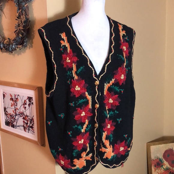 Vintage ERIKA II HandKnit 3X Cotton Ramie Holiday Sweater Poinsettia Holly NEW - Picture 5 of 16
